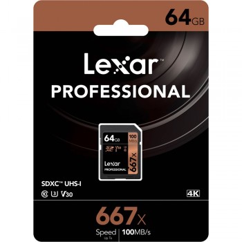 Lexar 667X Professional 64GB U3 V30 SDXCâ„¢ UHS-I Memory Cards (up to 100MB/s read, Write 60MB/s)